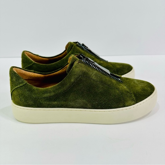 🎀 FRYE WOMENS OLIVE GREEN SUEDE ZIP UP SNEAKERS NEVER WORN SIZE 7 1/2 SLIP-ONS - Picture 3 of 10